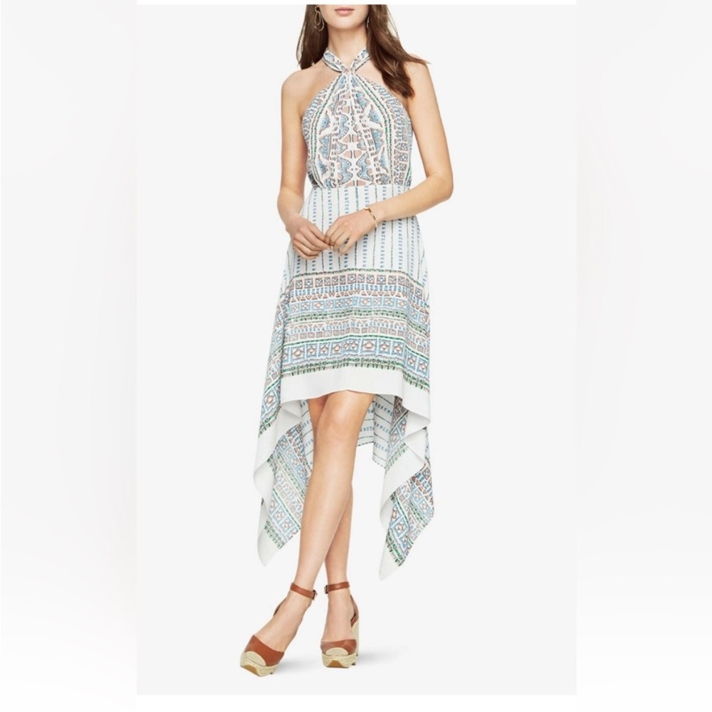 BCBGMAXAZRIA Danela halter neck geometric print hi-low hem dress